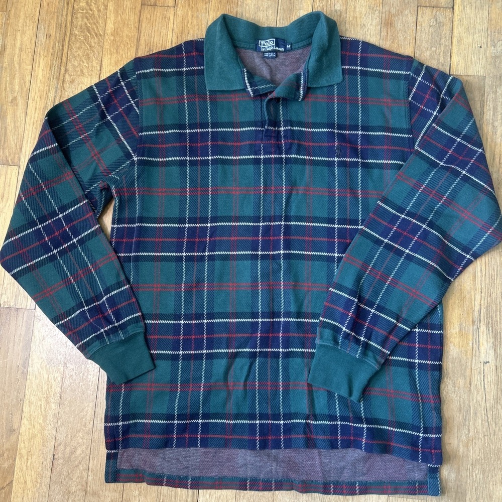 Vintage Polo Ralph Lauren Plaid Long Sleeve Polo Shirt Green Navy Mens M USA
